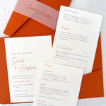 Sarah pocketfold wedding invite with 2 insert cards for menu and guest details, in burnt orange, with vellum belly band, handmade by zara scotland