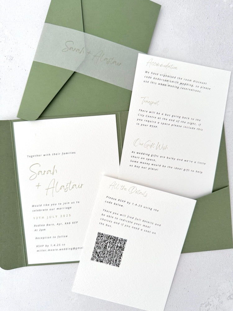 pocketfold wedding invite with 2 insert cards for menu and guest details, in sage green, with vellum belly band, handmade by zara scotland