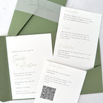 pocketfold wedding invite with 2 insert cards for menu and guest details, in sage green, with vellum belly band, handmade by zara scotland