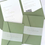 Sarah Pocketfold wedding invites with personalised vellum belly bands in sage green