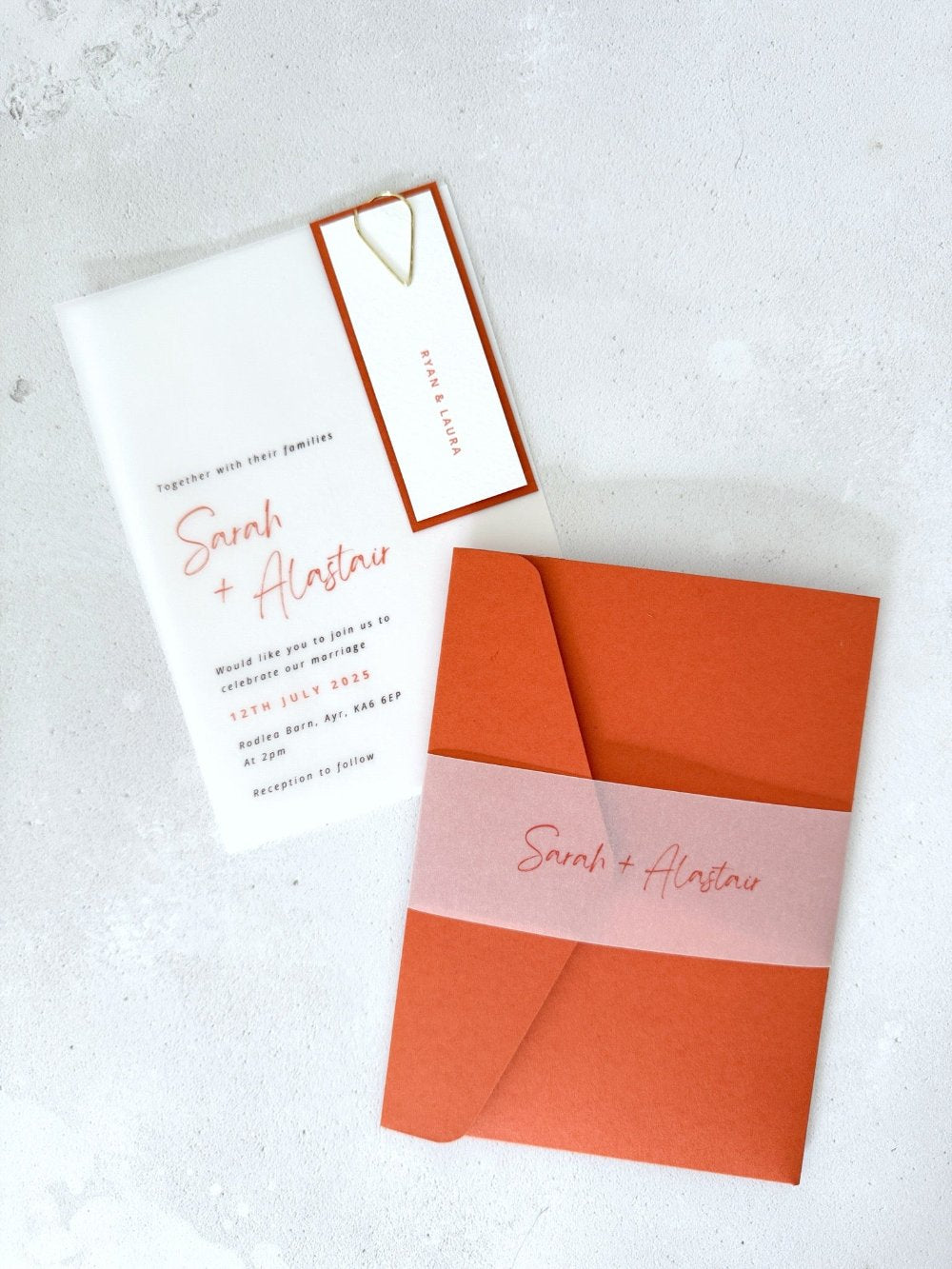 Sarah sample vellum and pocketfold wedding invites in burnt orange