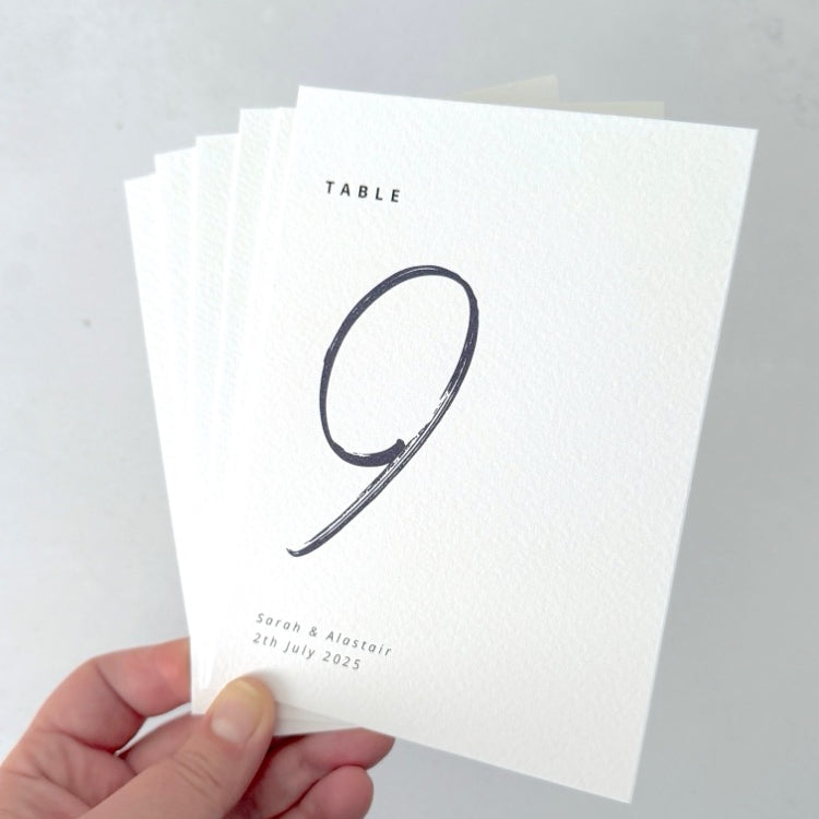 Sarah Table number cards for on the day wedding stationery available in 6 colours