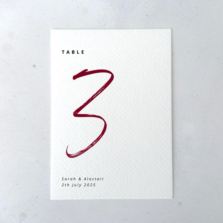 Burgundy Sarah Table number cards for on the day wedding stationery