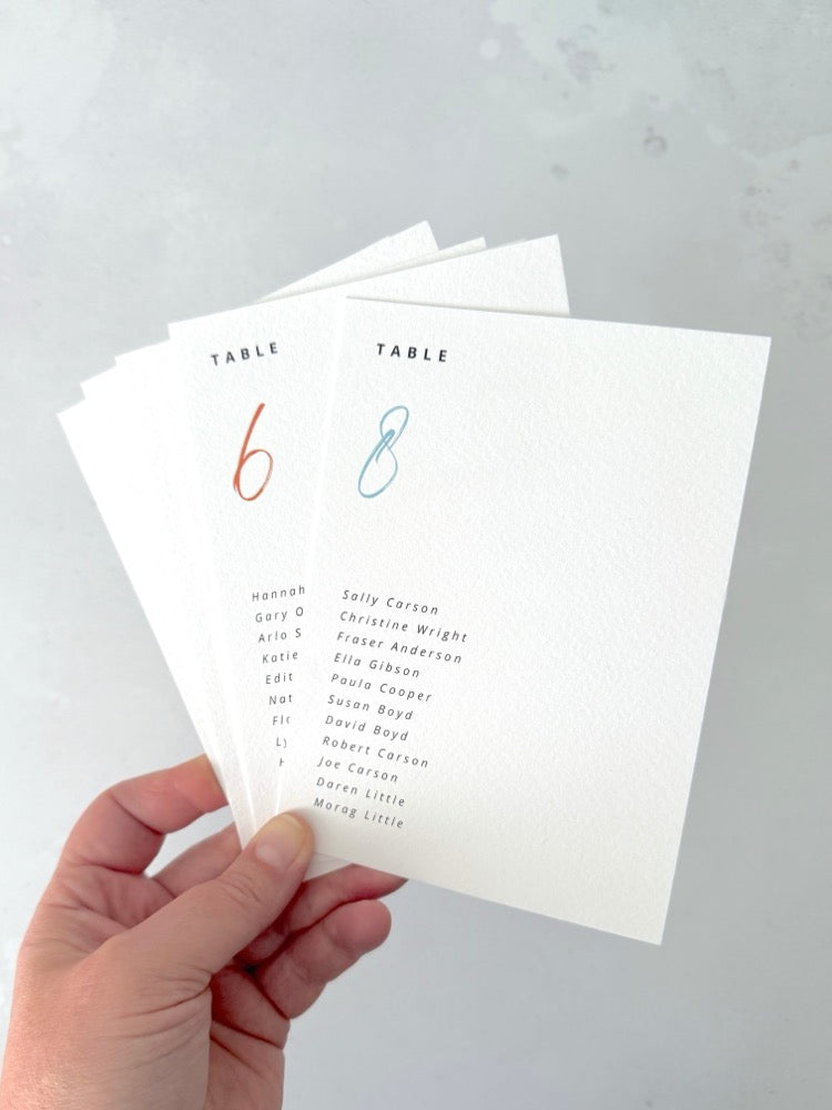 Sarah table plan card for seating chart on the day wedding stationery available in 6 colours