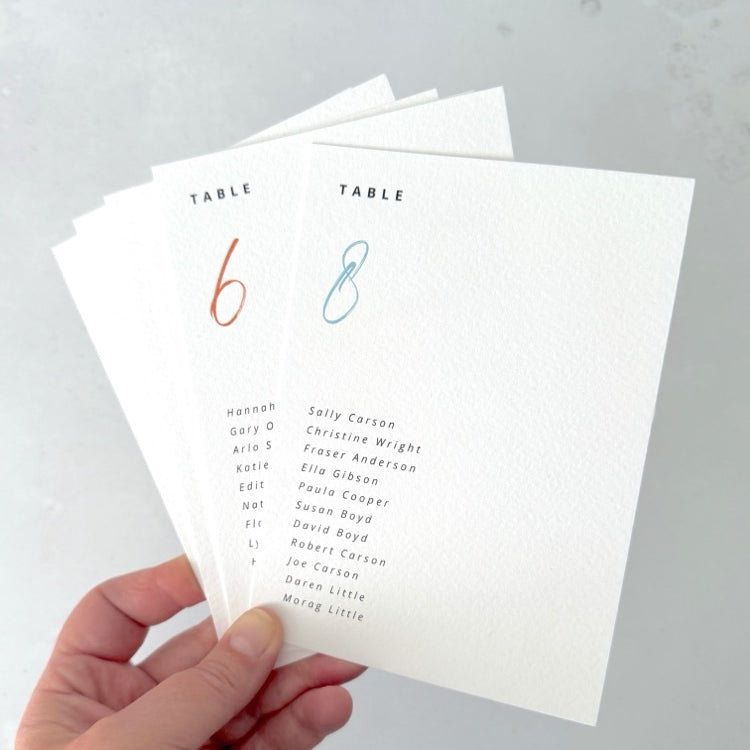 Sarah table plan card for seating chart on the day wedding stationery available in 6 colours