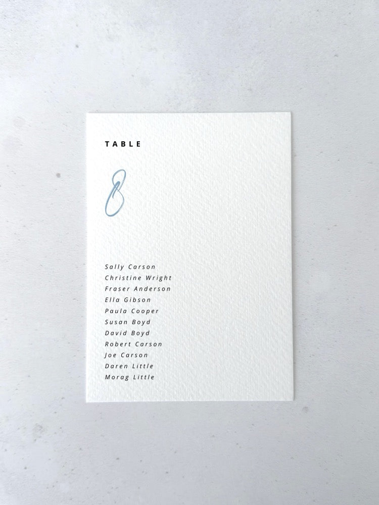 Dusky Blue Sarah table plan card for seating chart