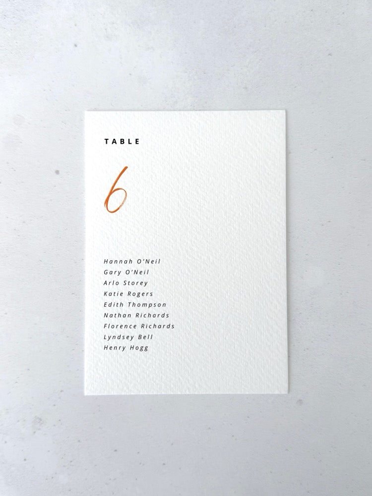Terracotta orange Sarah table plan card for seating chart
