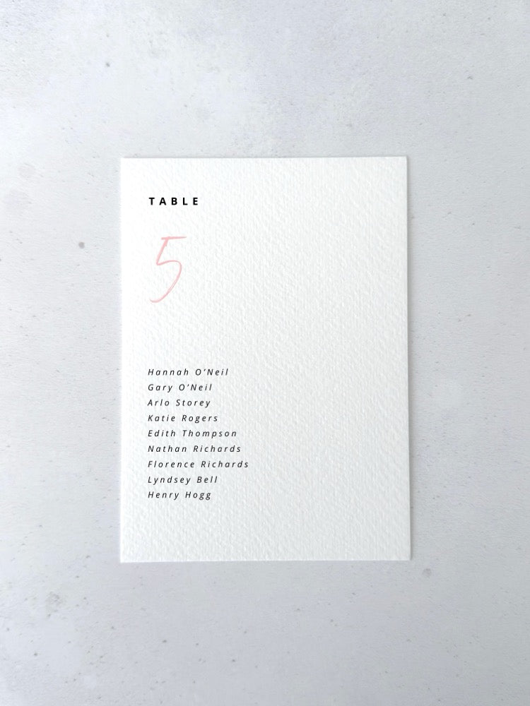 Pink Sarah table plan card for seating chart on the day wedding stationery
