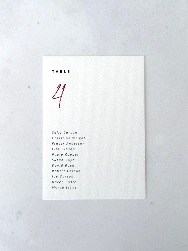 Burgundy Sarah table plan card for seating chart on the day wedding stationery