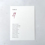 Burgundy Sarah table plan card for seating chart on the day wedding stationery