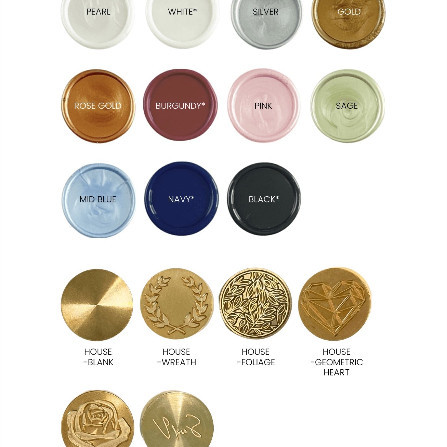 Handmade by Zara wax seal colours and designs
