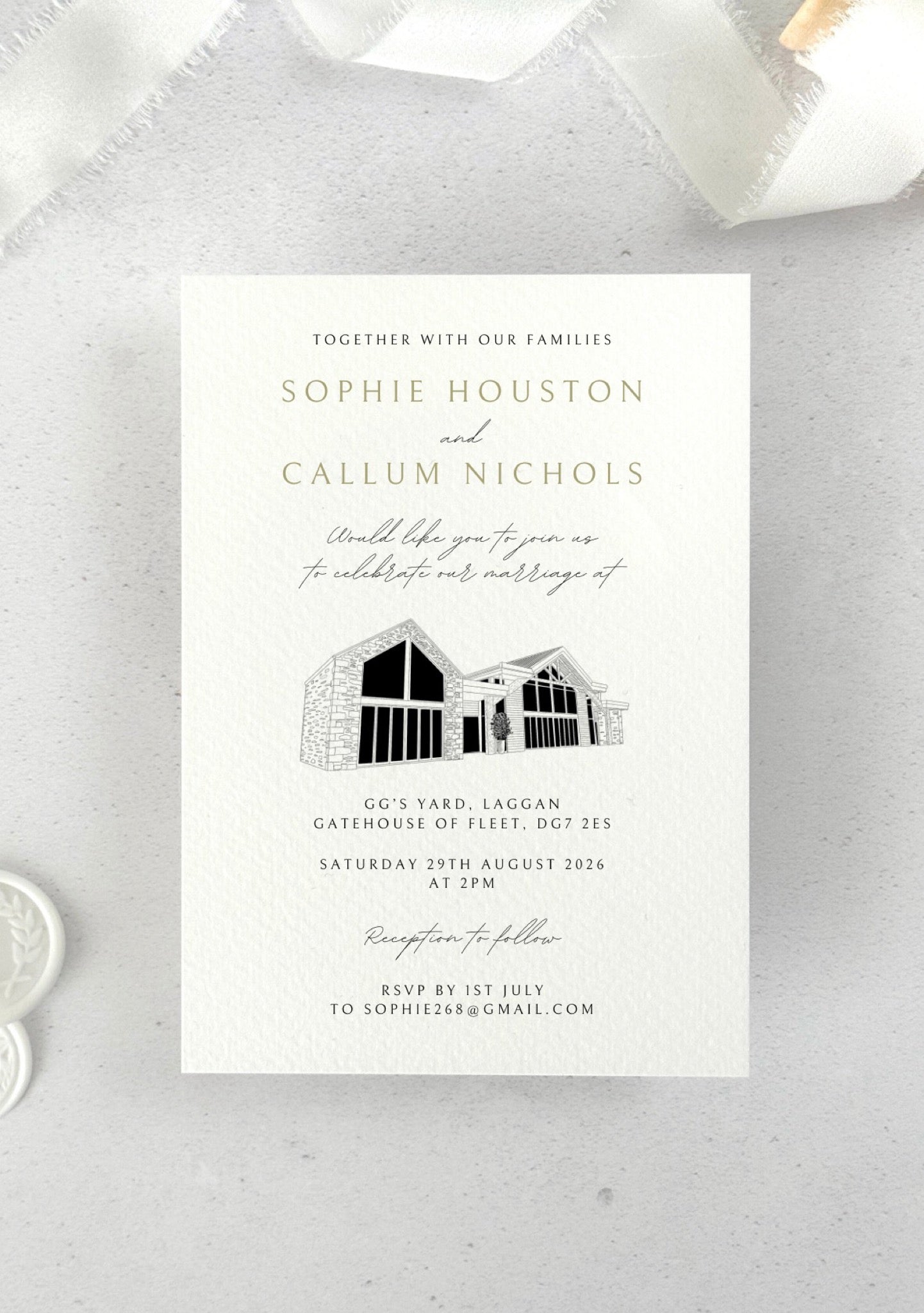 wedding invite with venue illustration of GG's Yard, Laggan, Dumfries & Galloway