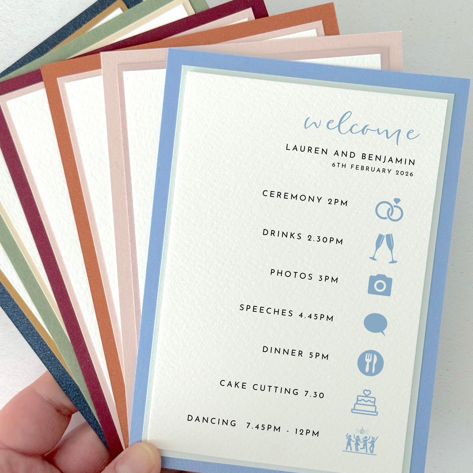 Dusky Blue Order of the day minimalist modern on the day wedding stationery