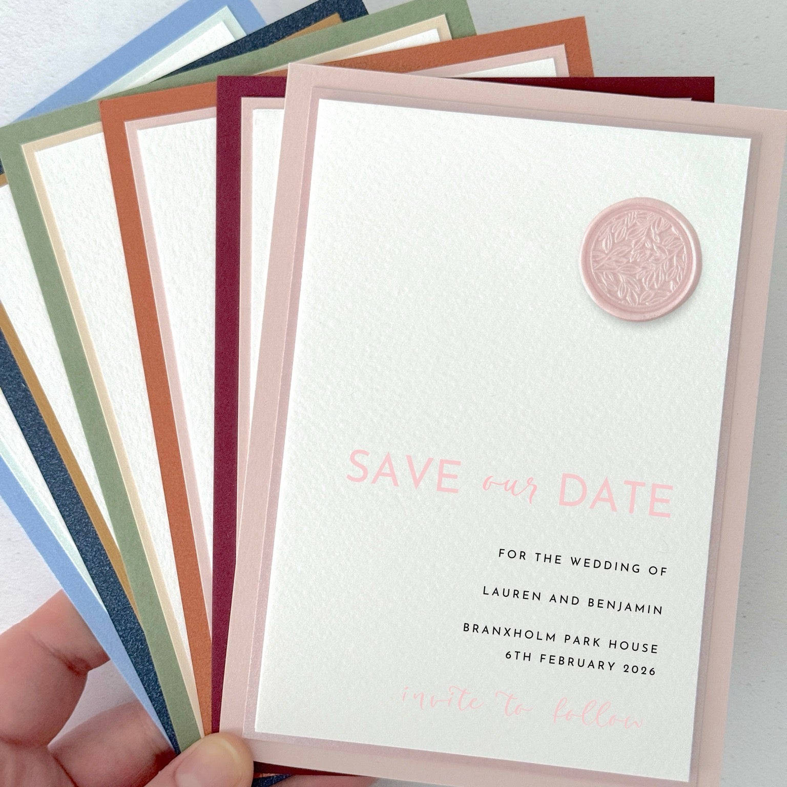 zoe modern wax seal save the date card