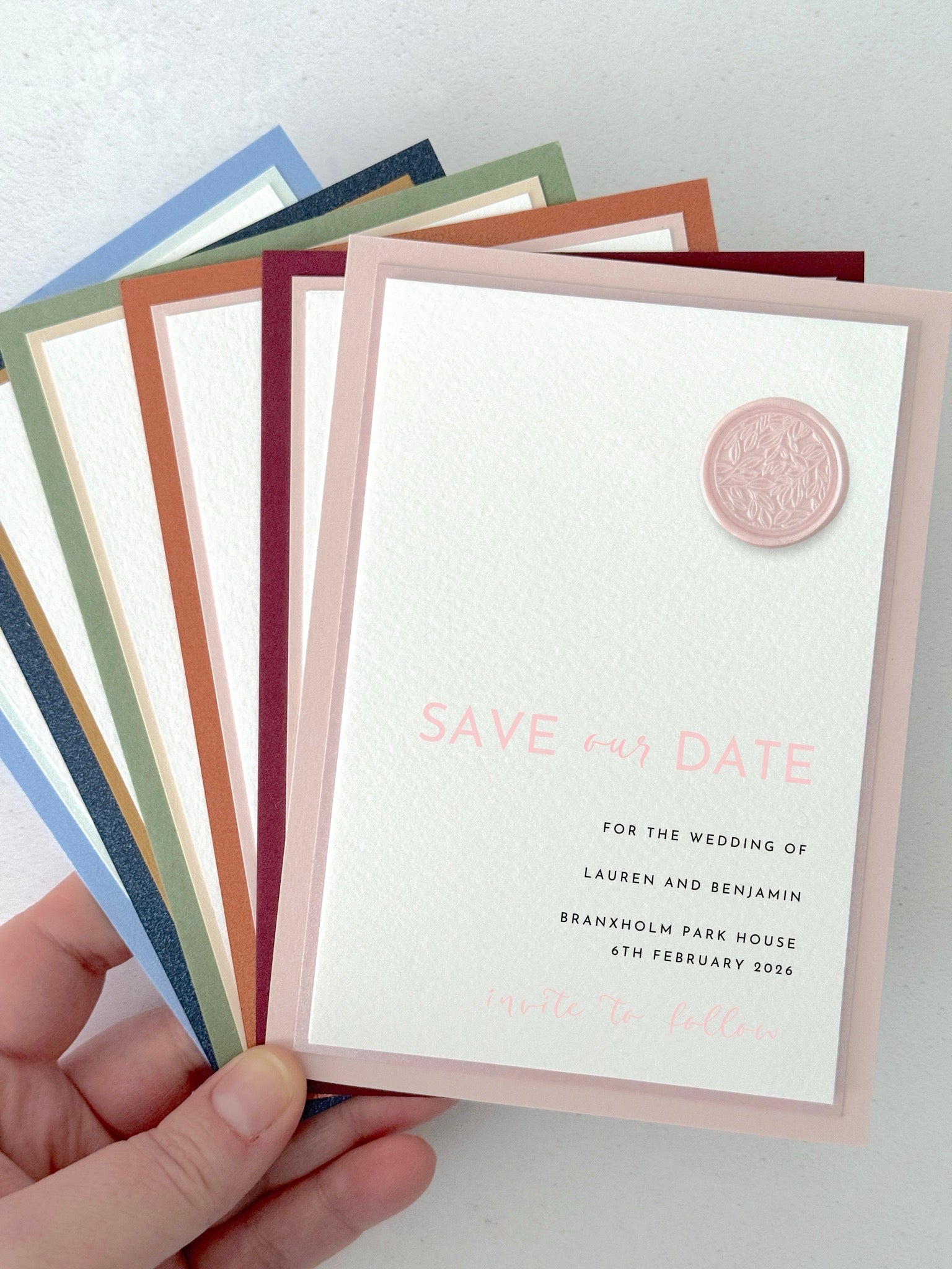 zoe modern wax seal save the date card