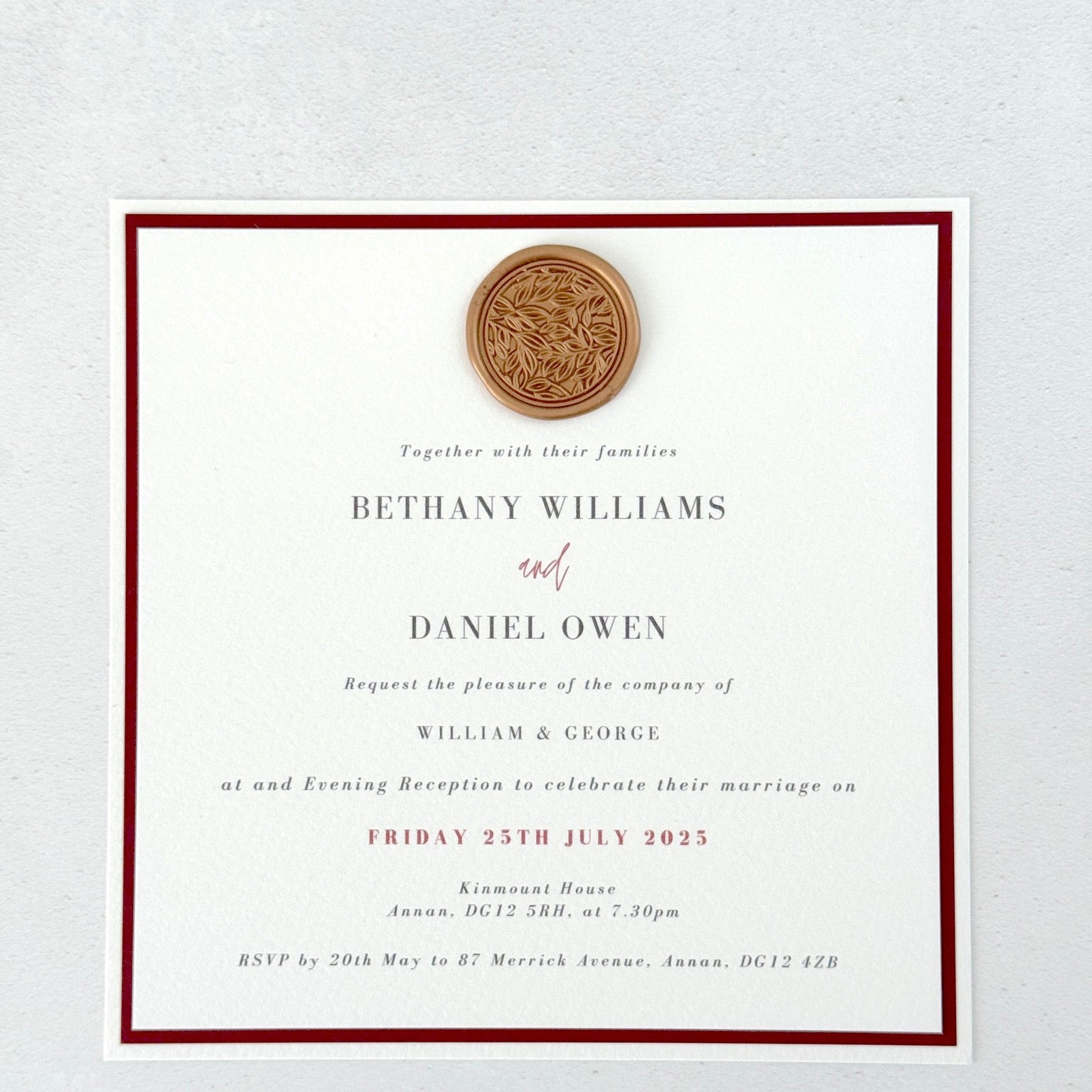 square wedding evening invite with handmade wax seal Kinmount House