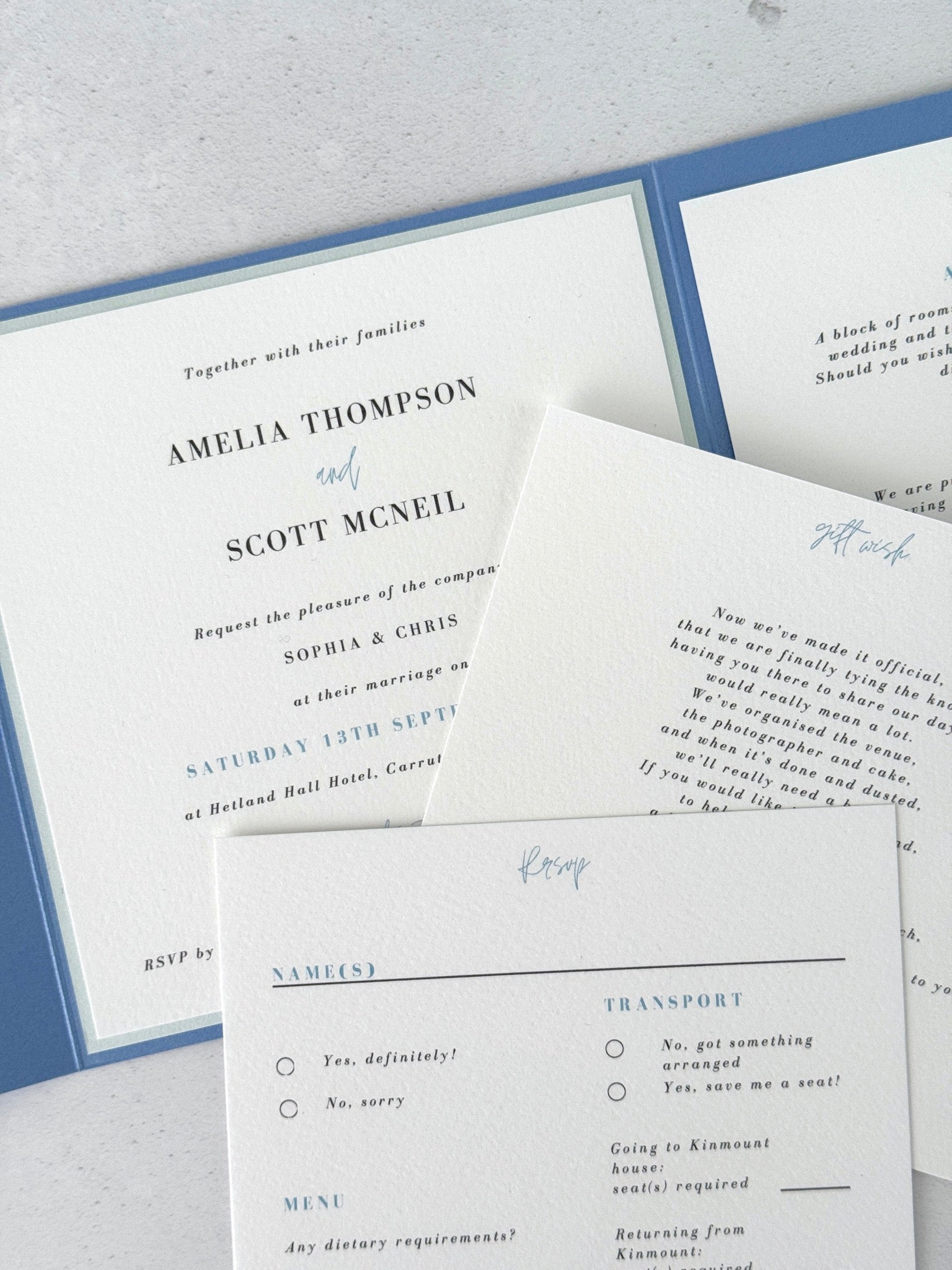 Ailsa pocketfold wedding invites with inserts and rsvp