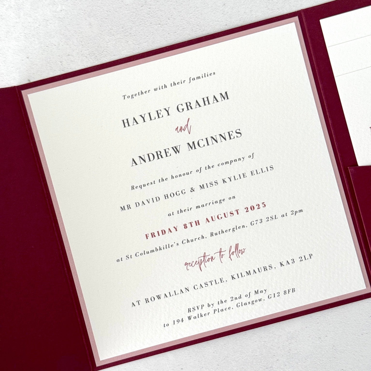 Square pocket invite in burgundy and pink Rowallan Castle