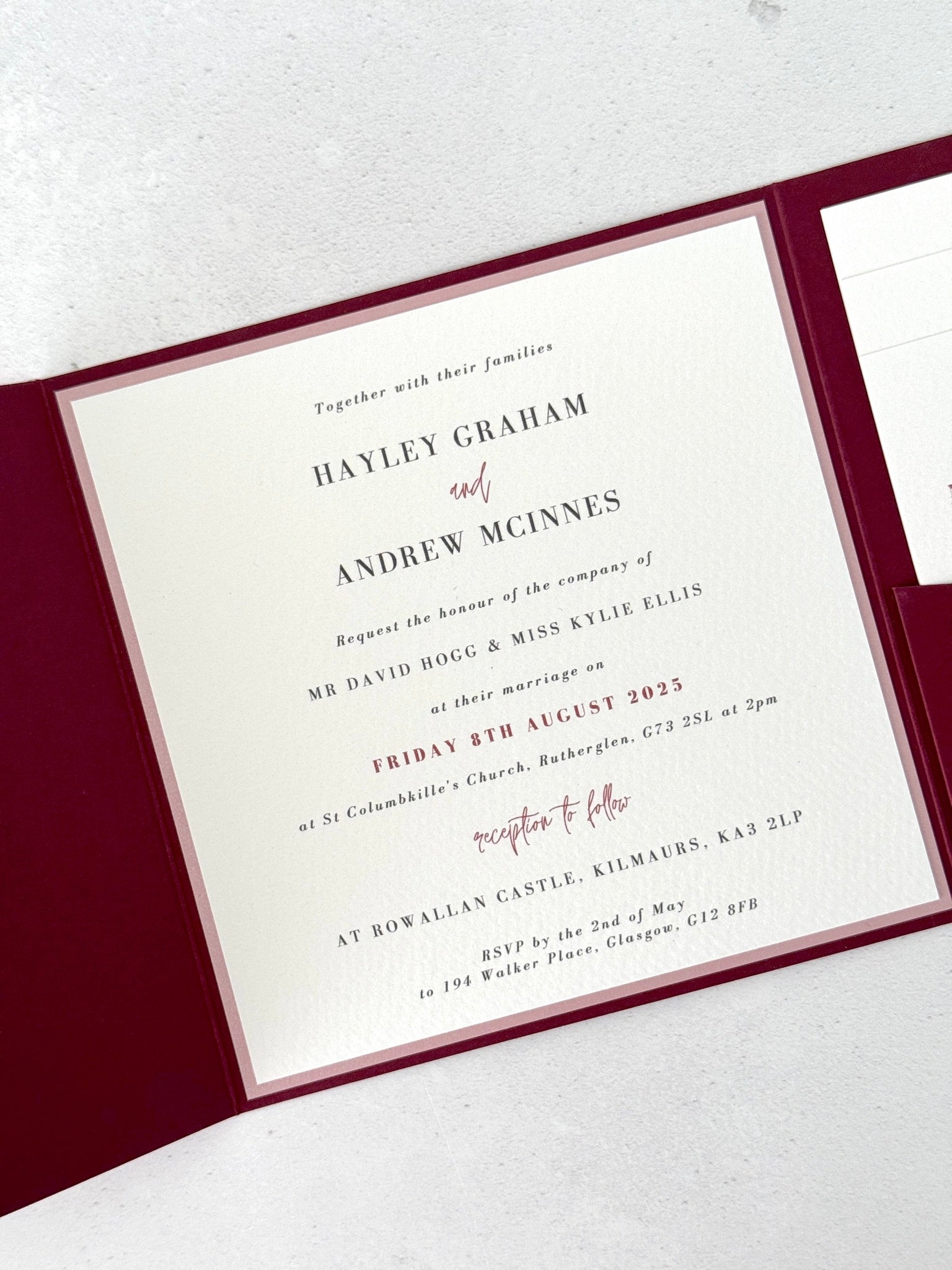 Square pocket invite in burgundy and pink Rowallan Castle