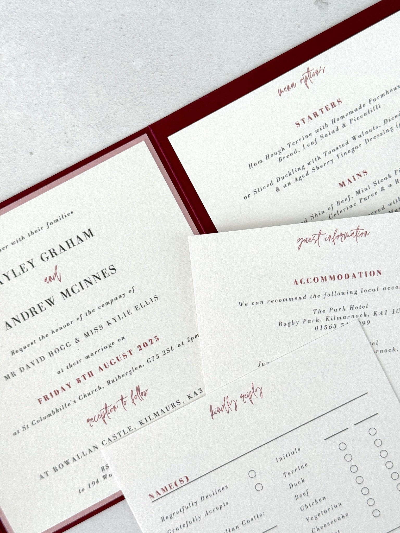 Wedding invite with guest information cards and custom tick off rsvp