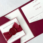 Pocket wedding invite with info cards in burgundy