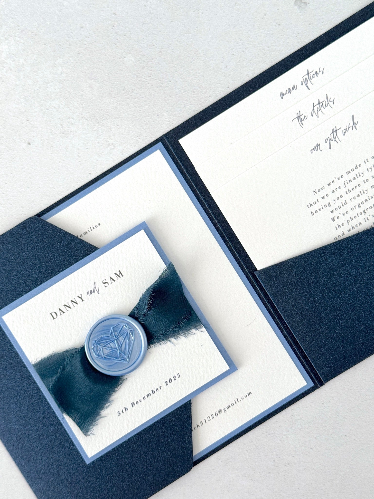 ailsa pocket invite with menu and gift with info cards