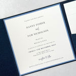 Navy and cornflower blue square pocket invite Springkell House