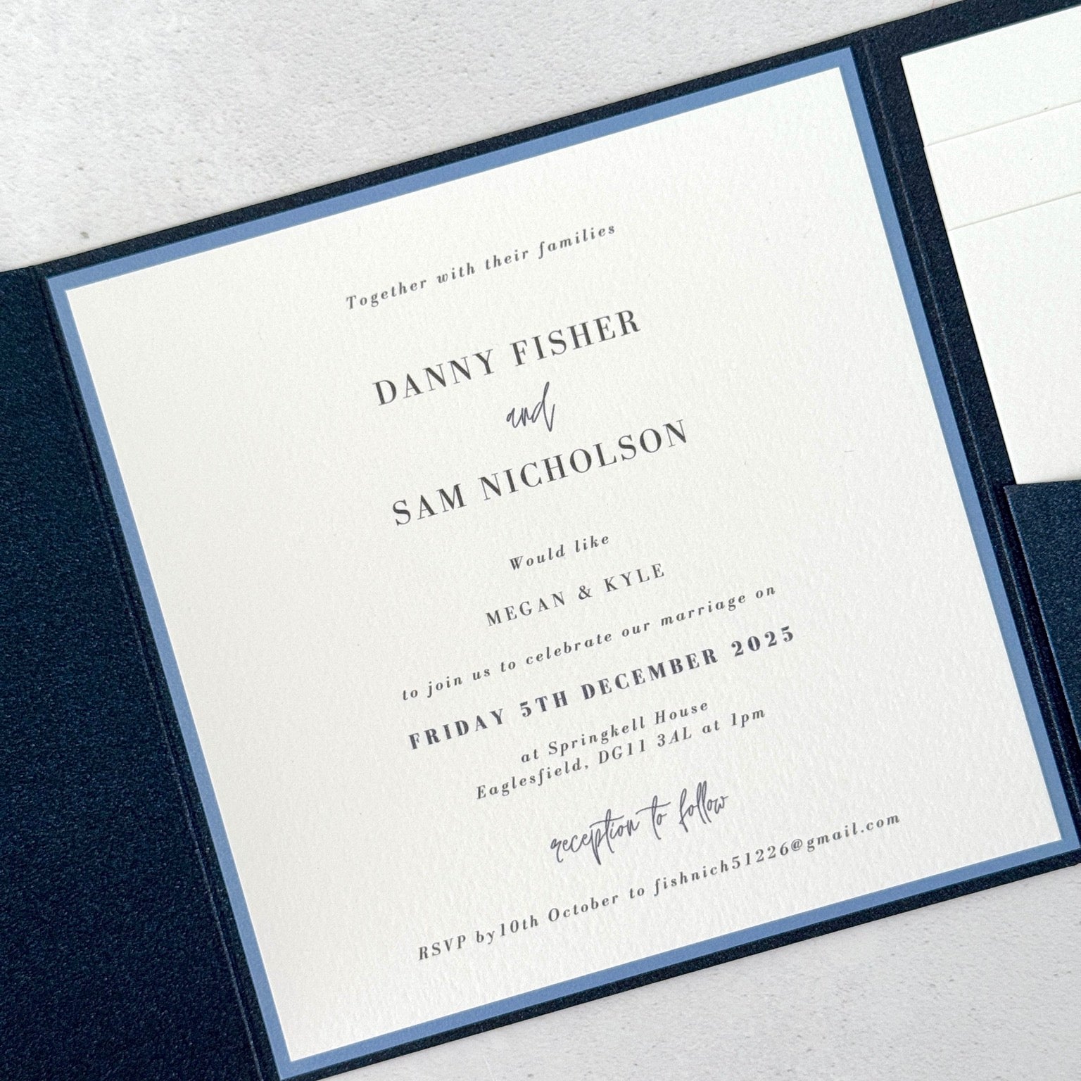 Navy and cornflower blue square pocket invite Springkell House