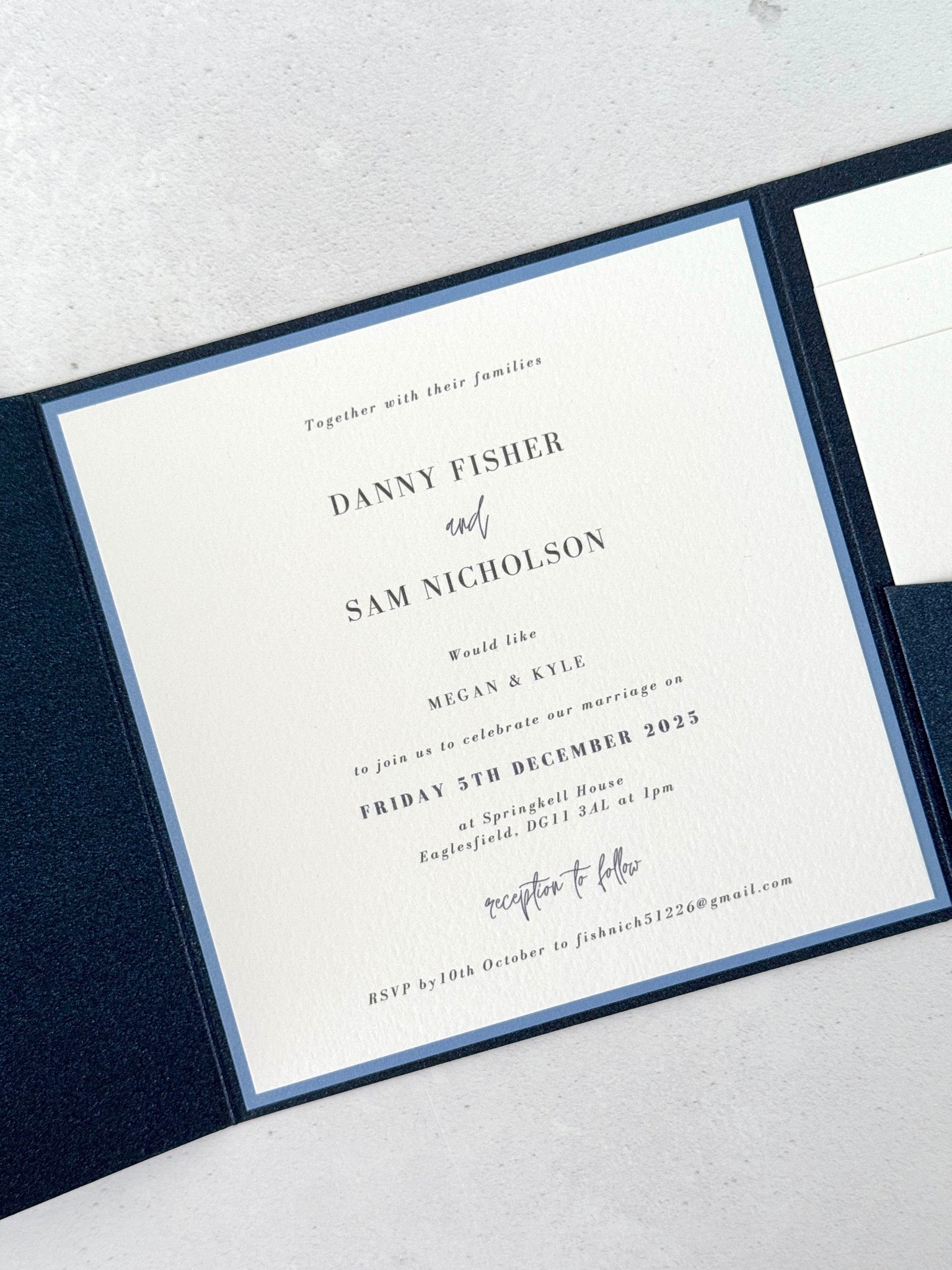 Navy and cornflower blue square pocket invite Springkell House