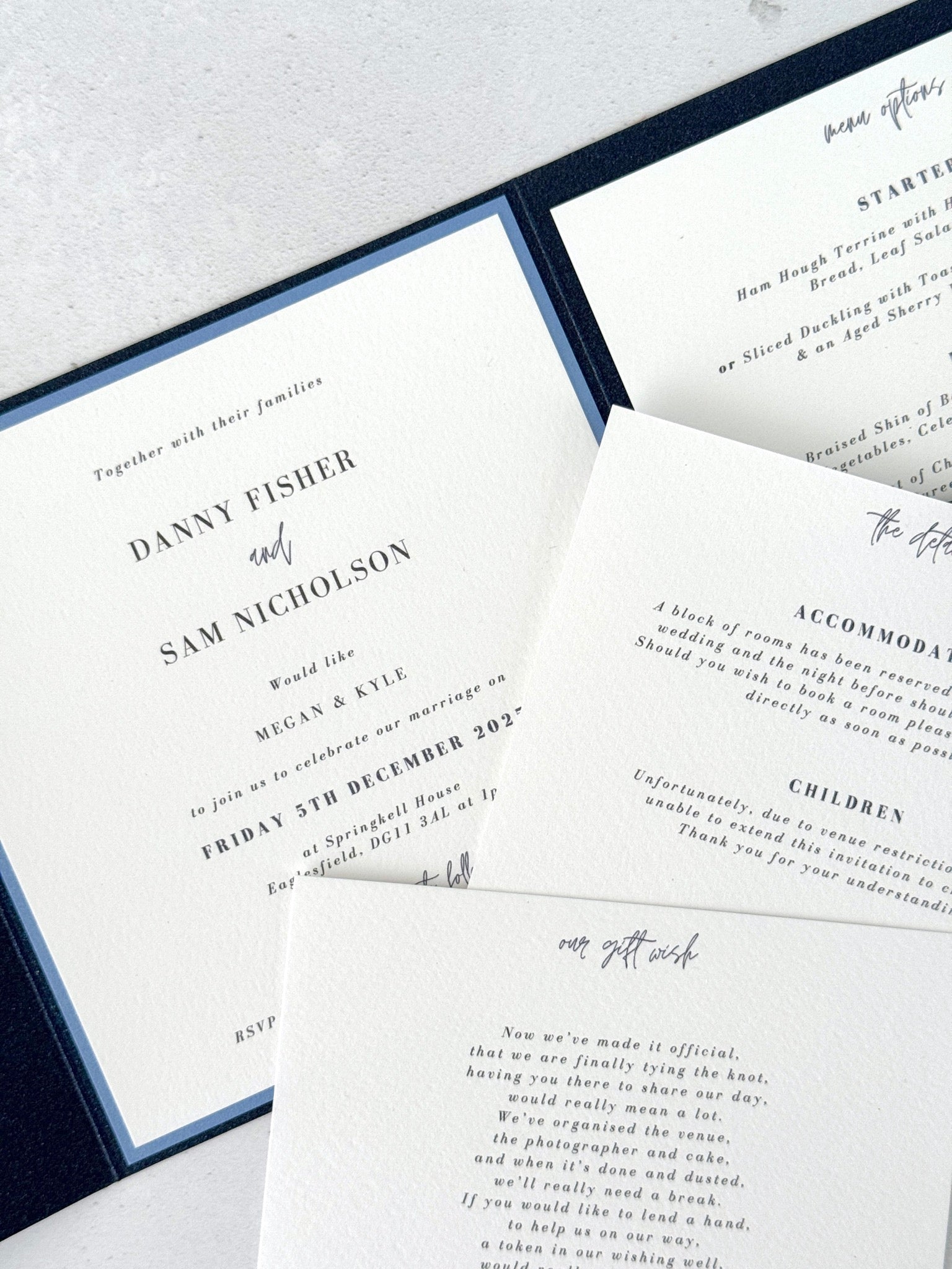 Ailsa pocketfold invite with personalised custom menu rsvp options handmade by zara dumfries