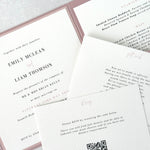 Pink Pocketfold wedding invite with QR code insert cards