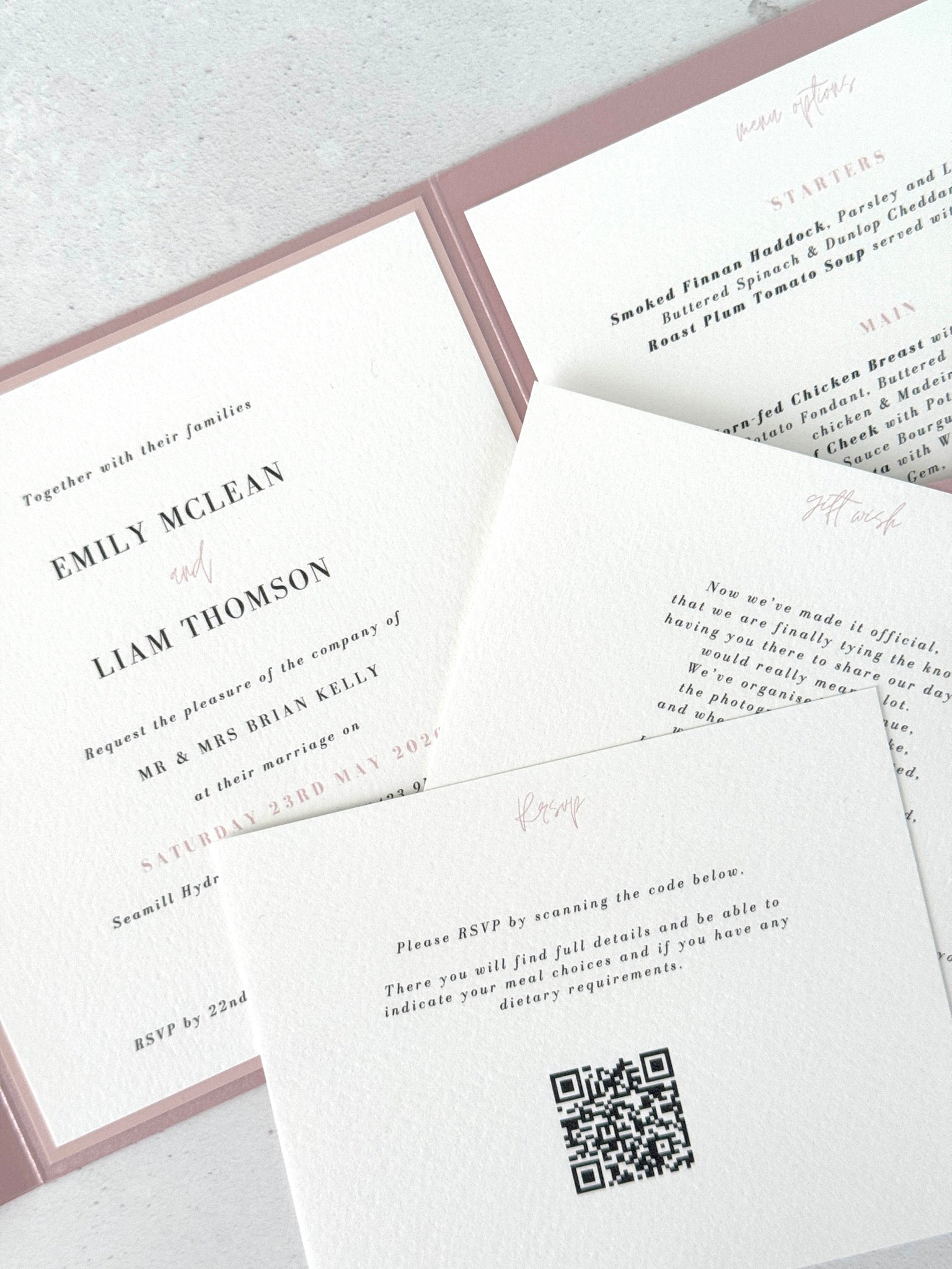Pink Pocketfold wedding invite with QR code insert cards