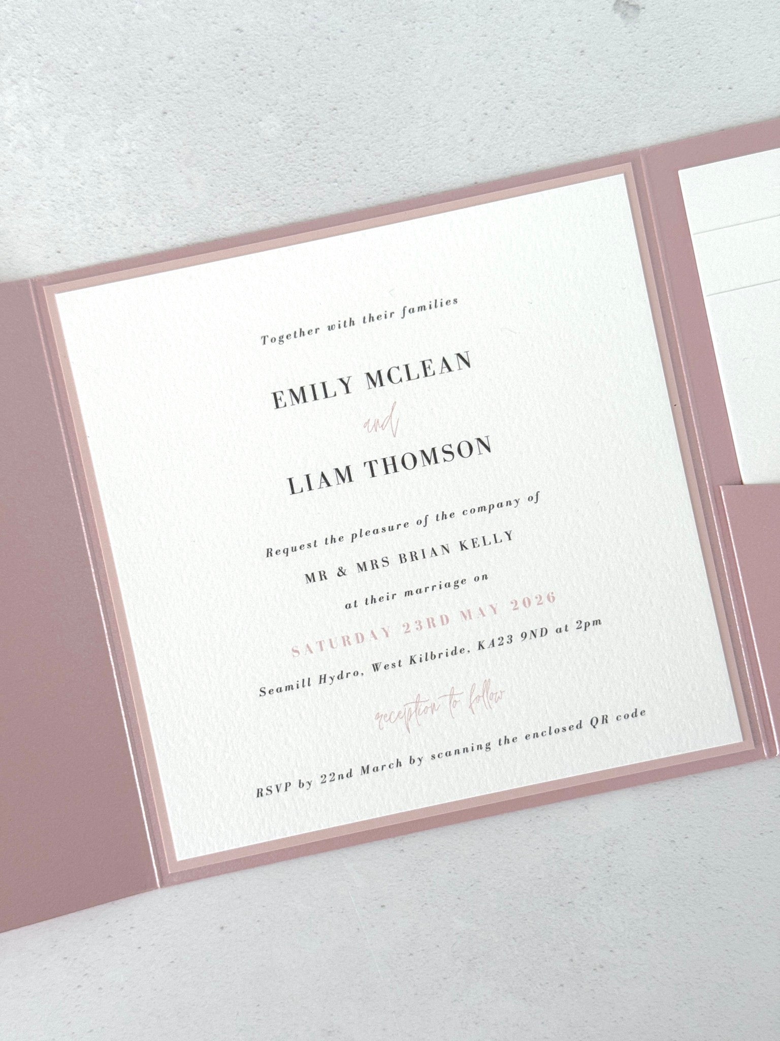 Rose and blush pink square wedding invite for Seamill Hydro