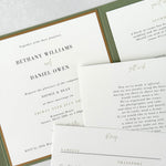 Handmade pocket wedding invite for Kinmount House with details cards for gift wish and RSVP