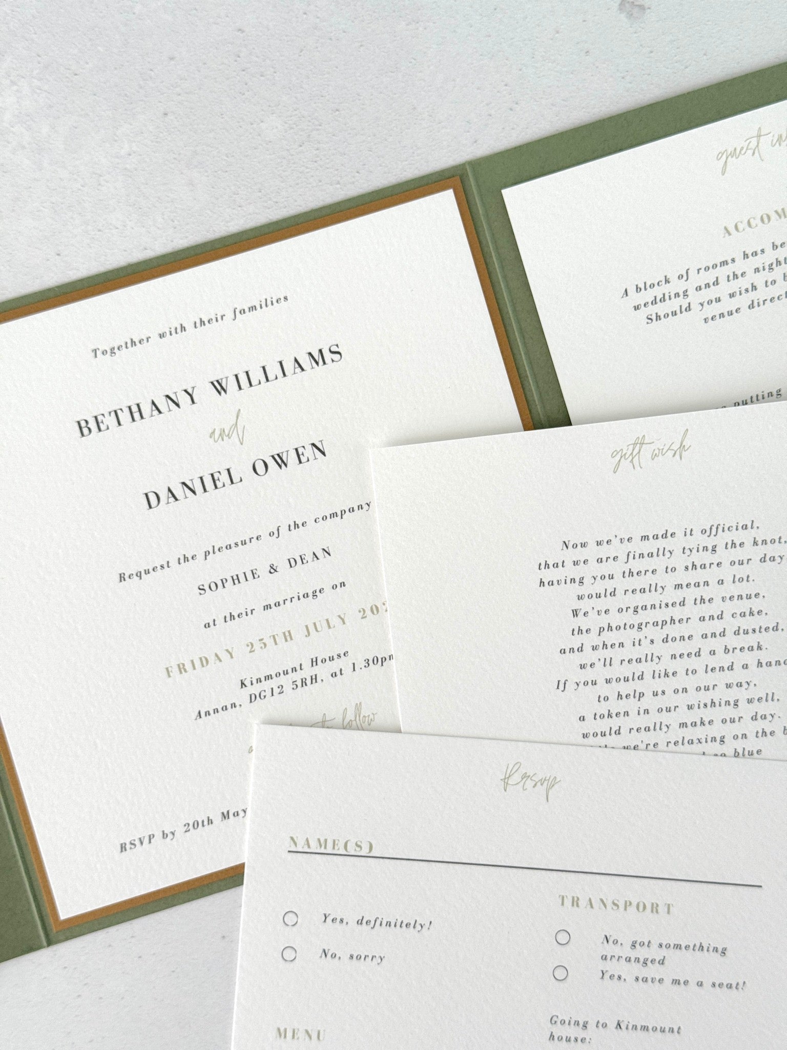 Handmade pocket wedding invite for Kinmount House with details cards for gift wish and RSVP