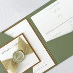 Ailsa pocketfold wedding invitation with info cards for details and RSVP in sage green