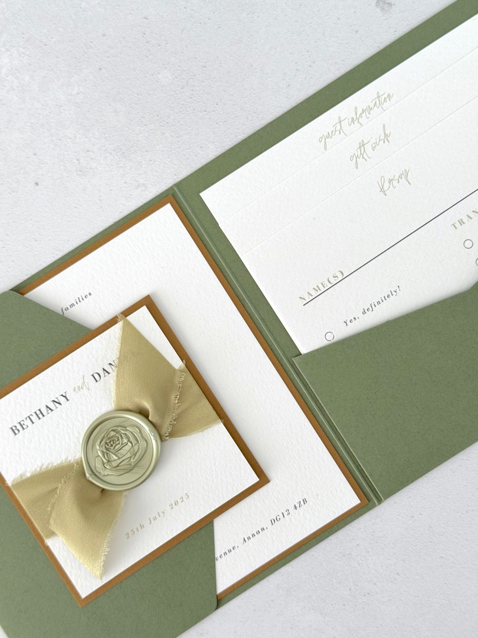 Ailsa pocketfold wedding invitation with info cards for details and RSVP in sage green