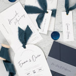 Navy wedding invites with silk ribbons and wax seals. Book in for later