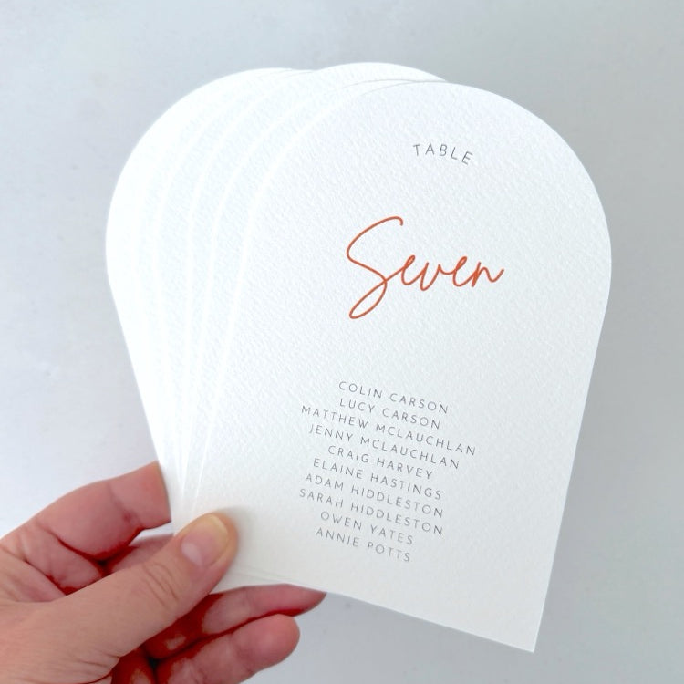 Emma arch shaped table plan cards for seating chart available in 6 colours on white textured card.