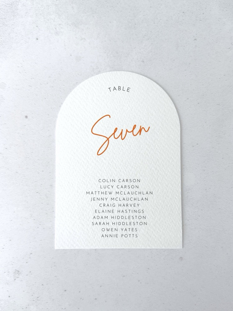 emma arched rust orange personalised table plan card for seating chart