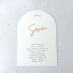 emma arched rust orange personalised table plan card for seating chart