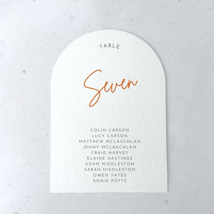 emma arched rust orange personalised table plan card for seating chart