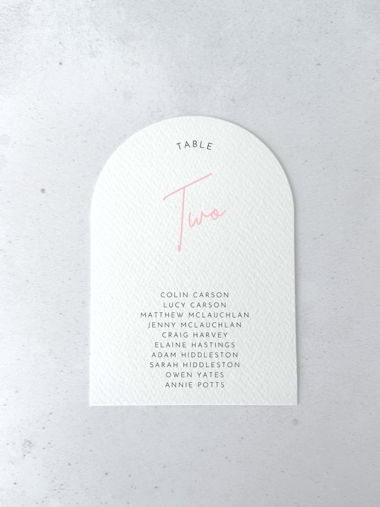 Emma arched blush pink personalised table plan card for seating chart on the day wedding stationery