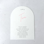 Emma arched blush pink personalised table plan card for seating chart on the day wedding stationery