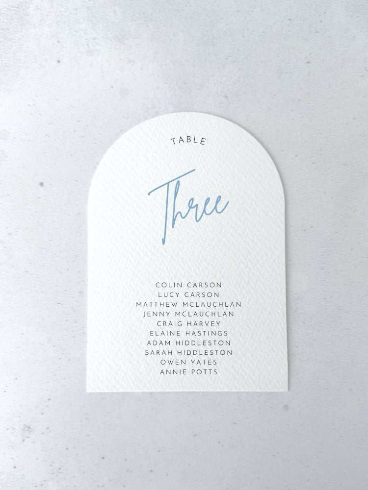 Cornflower blue Emma arched personalised table plan card for on the day wedding stationery