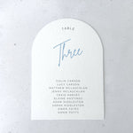 Cornflower blue Emma arched personalised table plan card for on the day wedding stationery