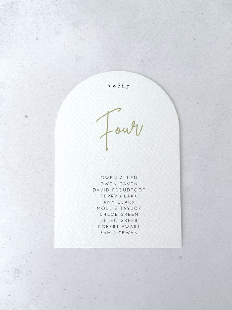 Sage Green Emma arched personalised table plan card for seating chart on the day wedding stationery