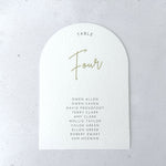 Sage Green Emma arched personalised table plan card for seating chart on the day wedding stationery