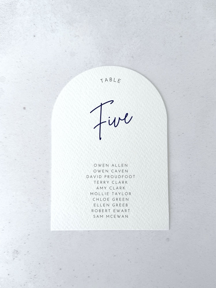 Emma arched Navy Blue personalised table plan card for seating chart