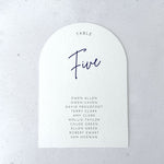 Emma arched Navy Blue personalised table plan card for seating chart